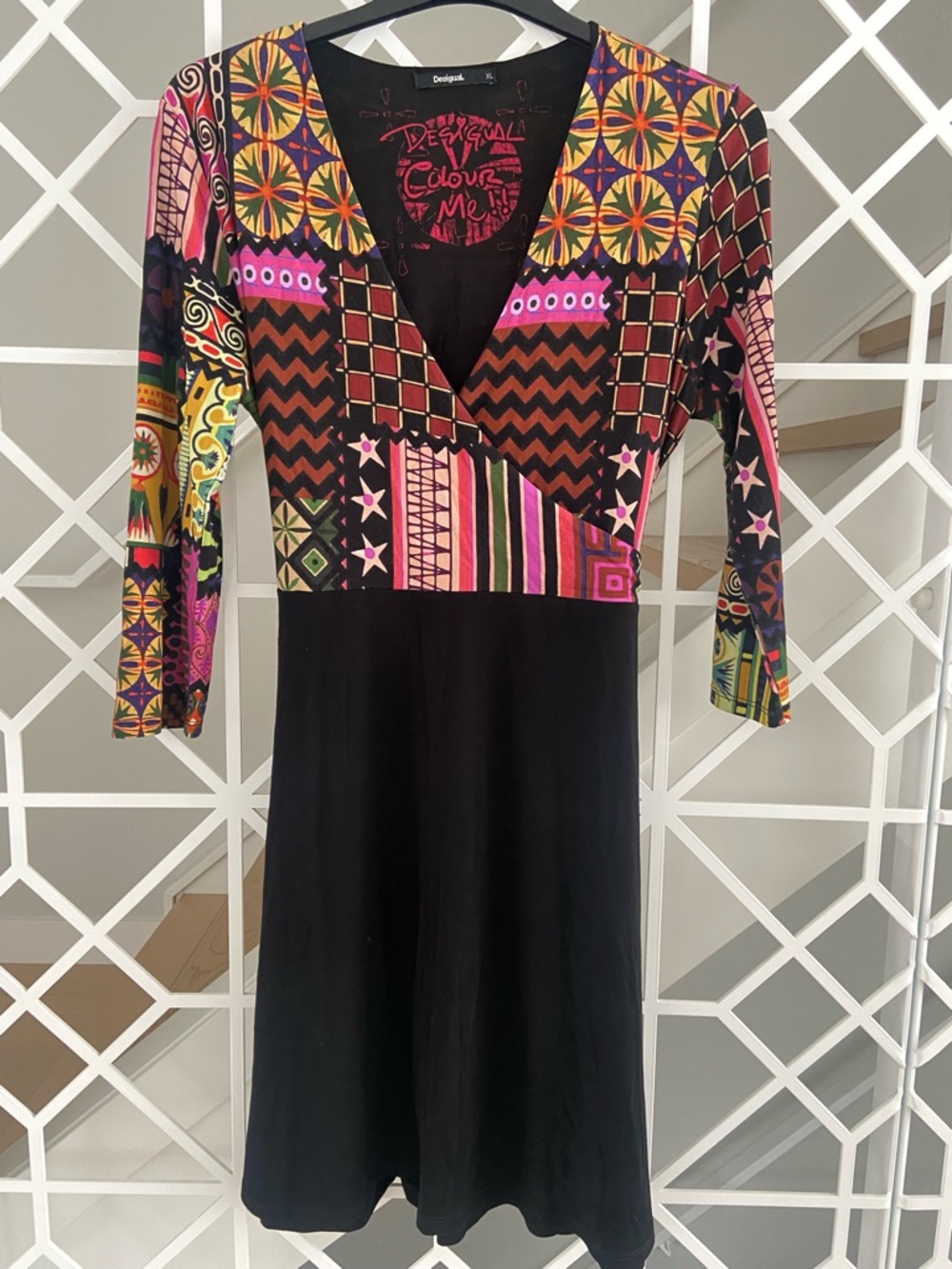 DESIGUAL Faux Wrap Dress XL Black Multicolor Abstract Print Stretch EUC - Picture 3 of 10